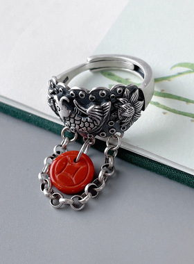 纯银镶嵌南红戒指女开口戒指