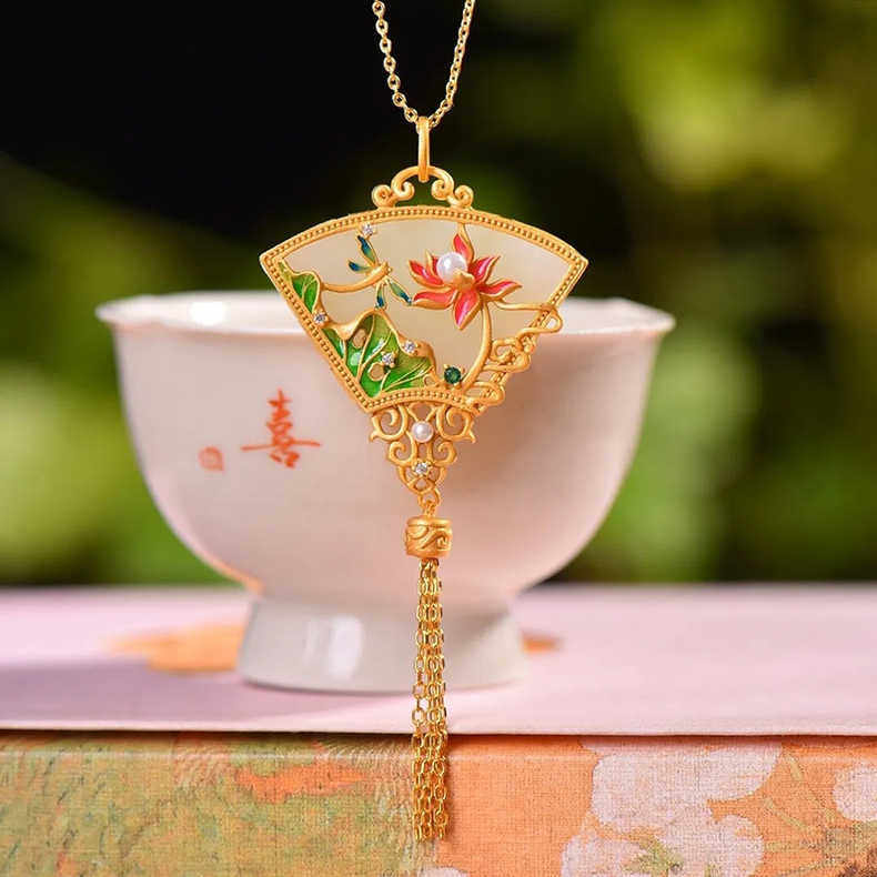 S925银蜻蜓莲花荷叶流苏项坠镶嵌和田白玉中国风项链吊坠古典新款