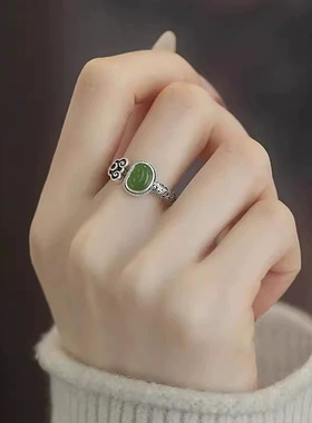 小元宝925银碧玉戒指新中式小众设计镂空祥云纹开口可调节食指戒