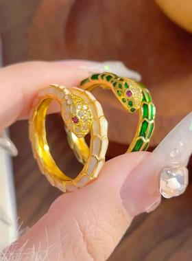 新中式国风珐琅彩白蛇戒指女小众设计精致蛇戒古法黄金色蛇年本命