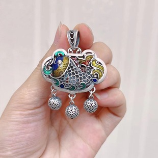 s925纯银鱼莲流苏项链毛衣链双面如意锁个性鱼吊坠挂坠民族风饰品