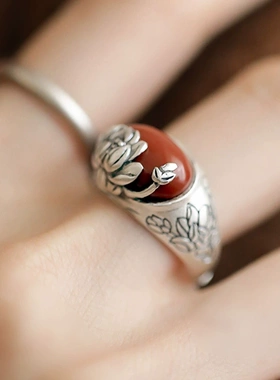 S925纯银复古新中式南红莲花戒指女2026新款爆款小众可调节指环