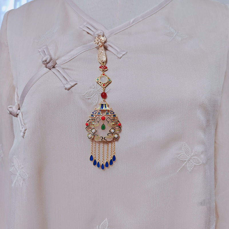 中式中国风古风仿和田玉旗袍压襟胸襟宫廷烧蓝流苏百搭汉服饰品女