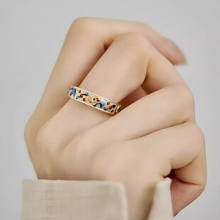 S925纯银珐琅彩景泰蓝吉象戒指女新中式描金工艺高级感开口指环