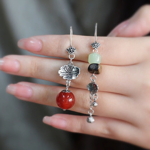 新中式复古民族风做旧荷叶莲蓬925银耳环女不对称高级感玛瑙耳钩