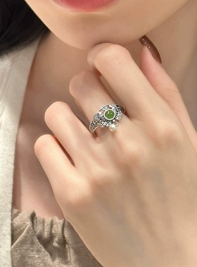 复古925纯银新中式民族风镂空铜钱花纹碧玉活口指环招财钱币戒指