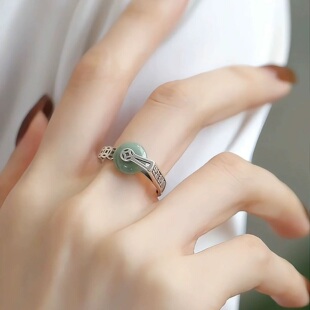 复古时来运转戒指女925银新中式国风做旧开口可转动钱币指环戒