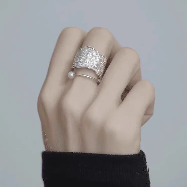 S925纯银双层珍珠开口戒指女2025新款爆款轻奢高级感小众复古戒指