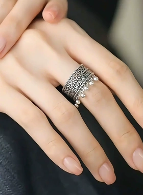 925纯银蕾丝花边戒指新中式双层