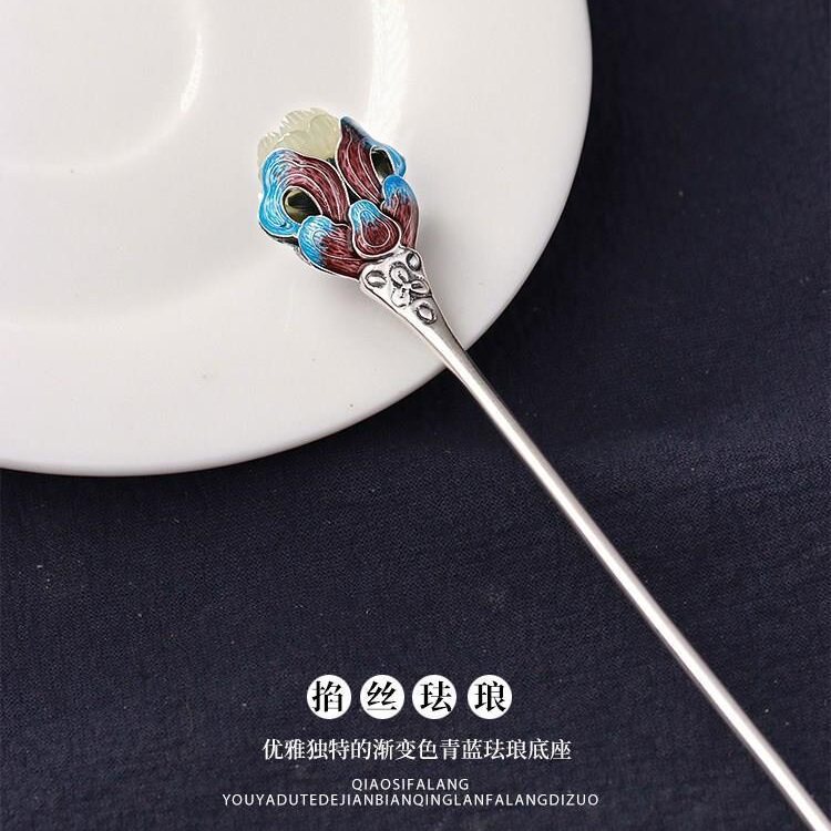 手工纯银景泰蓝莲荷花发簪女古风汉服银钗烧蓝子午簪子情人节礼物