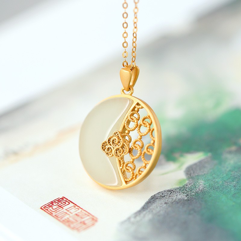 金镶玉黄金平安扣莲花玫瑰兰花吊坠和田玉羊脂玉足金花鸟鱼项坠女