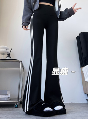 黑色条纹微喇叭鲨鱼裤女春秋薄款2024新款小个子高腰显瘦打底裤子