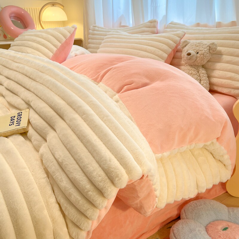 自然醒冬季加厚兔兔毛绒床上四件套牛奶绒被套床单三件套双面加绒