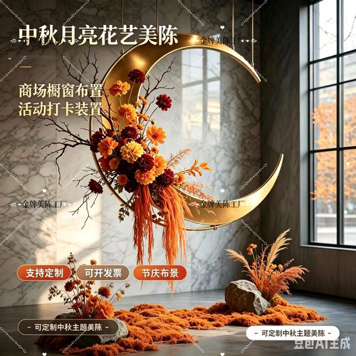 中秋橙色月牙花艺摆件美陈道具