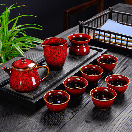窑变功夫茶具套装 陶瓷拉丝茶壶茶杯礼盒 端午节建盏礼品商业活动