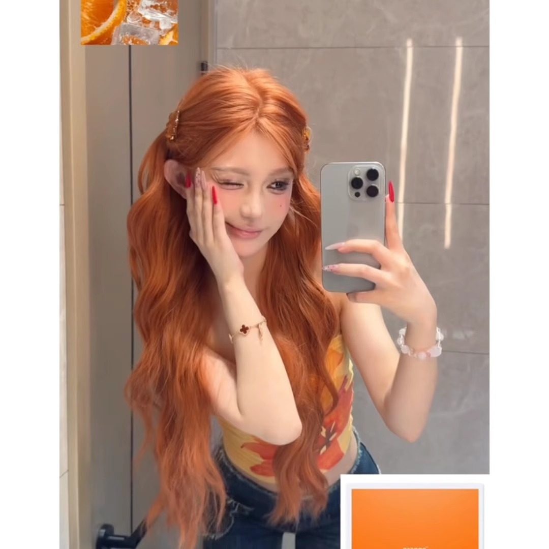 假发女长发自然新款橘棕色网红长卷发大波浪中分显白全头套式