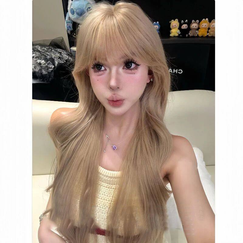 kuku公主同款假发长发刘海女团时尚自然整顶金沙色仿真发全头套女