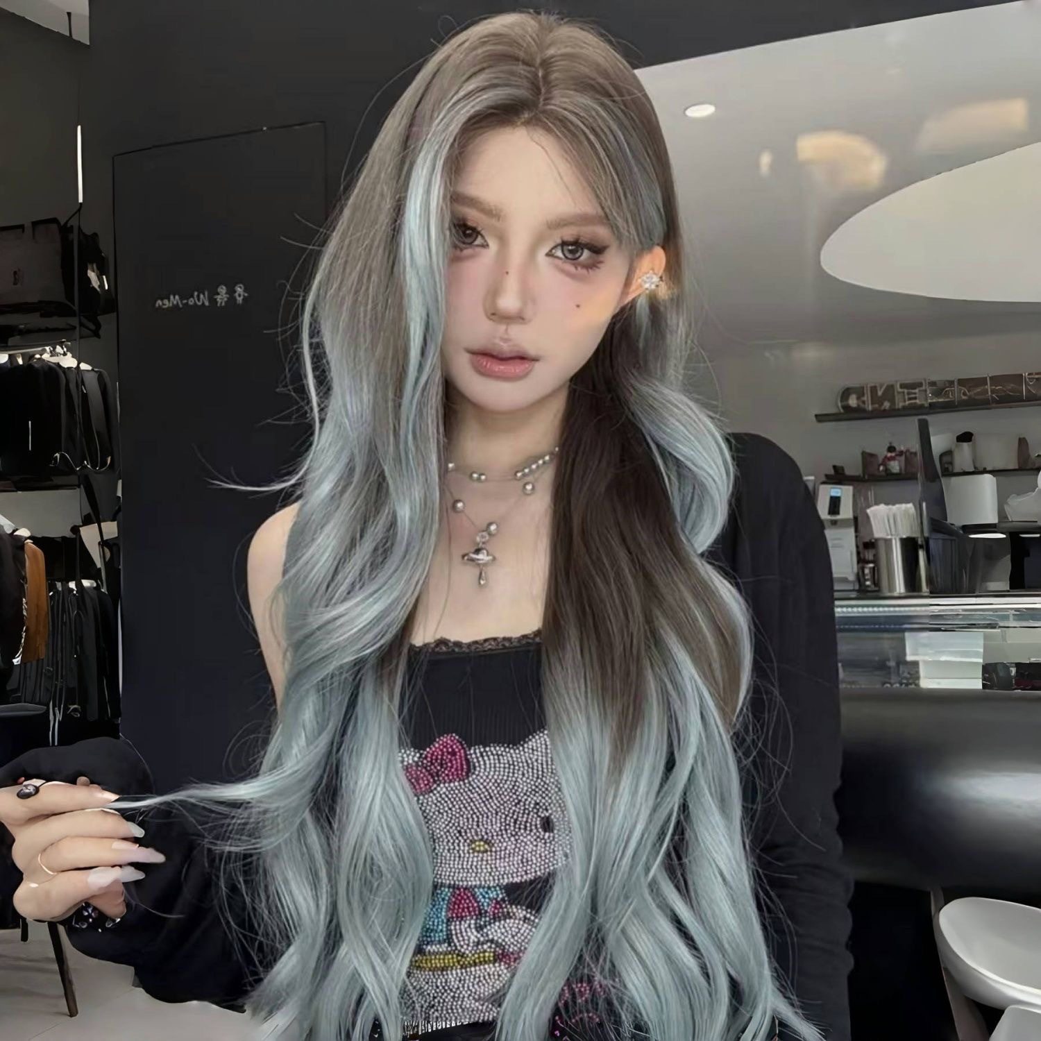 假发女新品冰蓝挑染长卷发中分刘海自然仿真头皮轻薄全头套假发