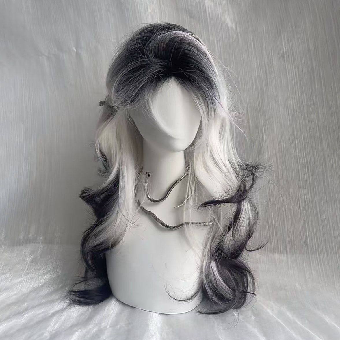 元泱酷girl黑白渐变爆顶巴黎画染假发女仿真中分八字长卷发全头套