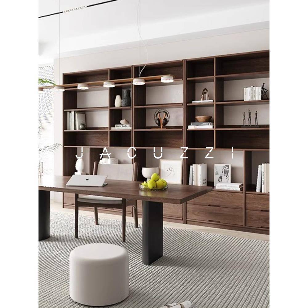 全屋定制北美黑胡桃木书柜实木书架收纳柜整墙组合原木书房书橱