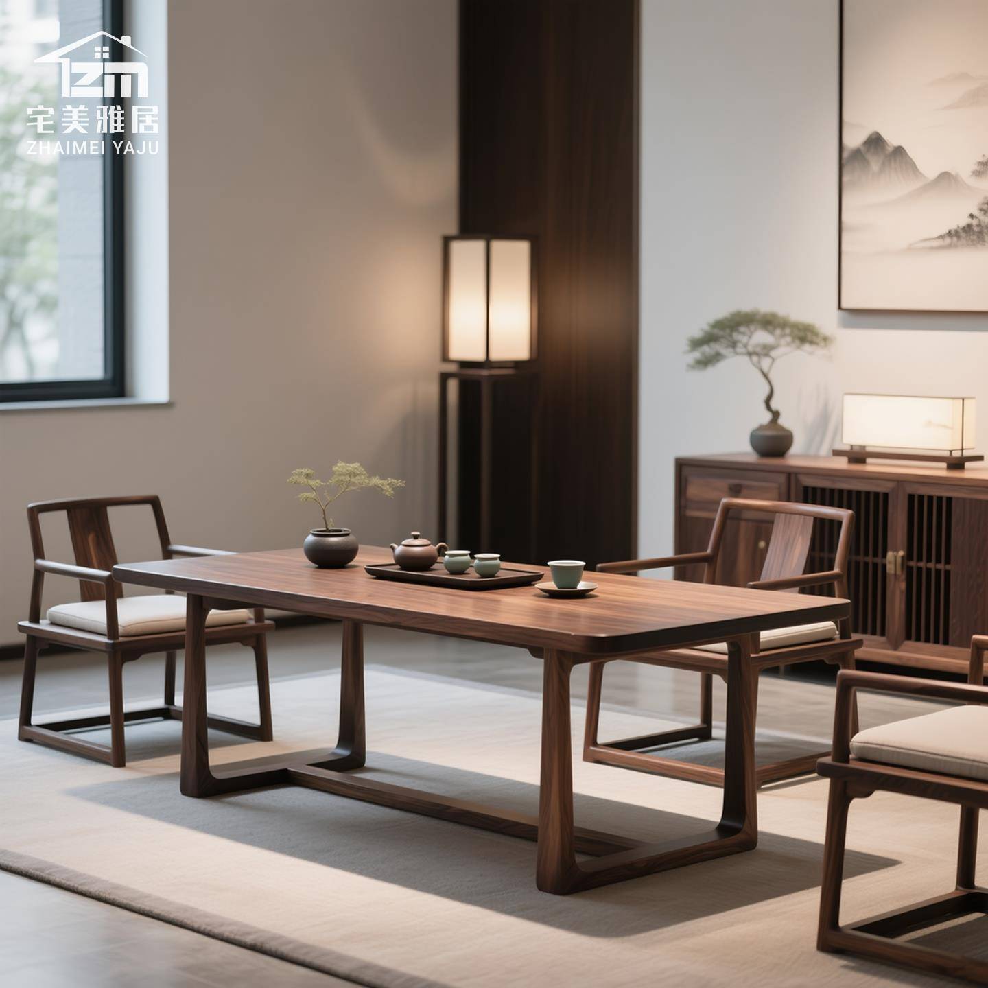 新中式北美黑胡桃全实木茶桌简约现代会所民宿接待设计师高端茶台