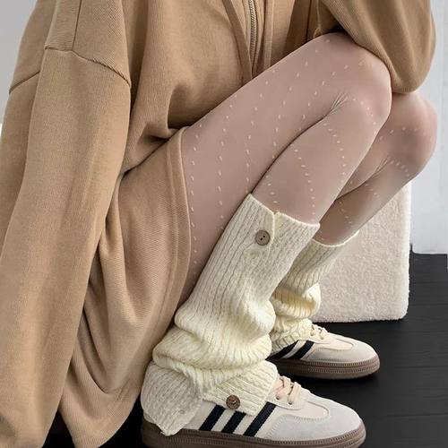 针织袜套女加厚保暖秋冬季日系纽扣袜子y2k腿套白色小腿堆堆长袜