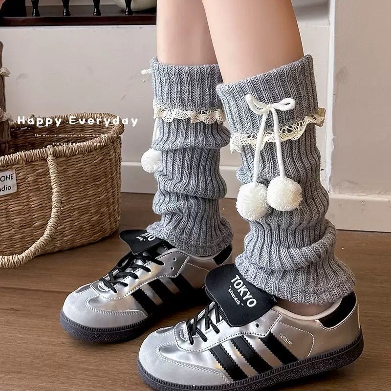 棉袜套女翻边球球蝴蝶结堆堆袜洛丽塔少女花边咖色秋冬小腿袜套