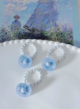 弥亦「蓝了初夏」蓝白戒指串珠纽扣气质手作小众串珠指环饰品