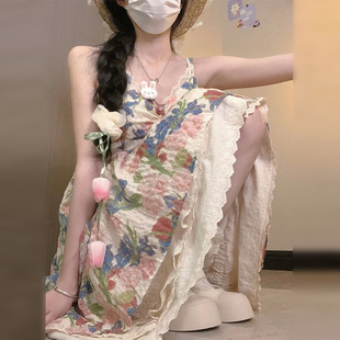 2024新款 小個(gè)子海邊度假氣質(zhì)收腰長裙 碎花吊帶連衣裙子女夏季 法式