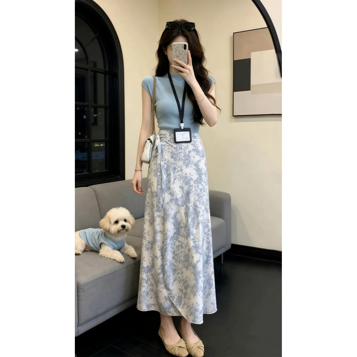 新中式蓝色碎花半身洋装子女夏季2026年新款独特漂亮ootd一整套