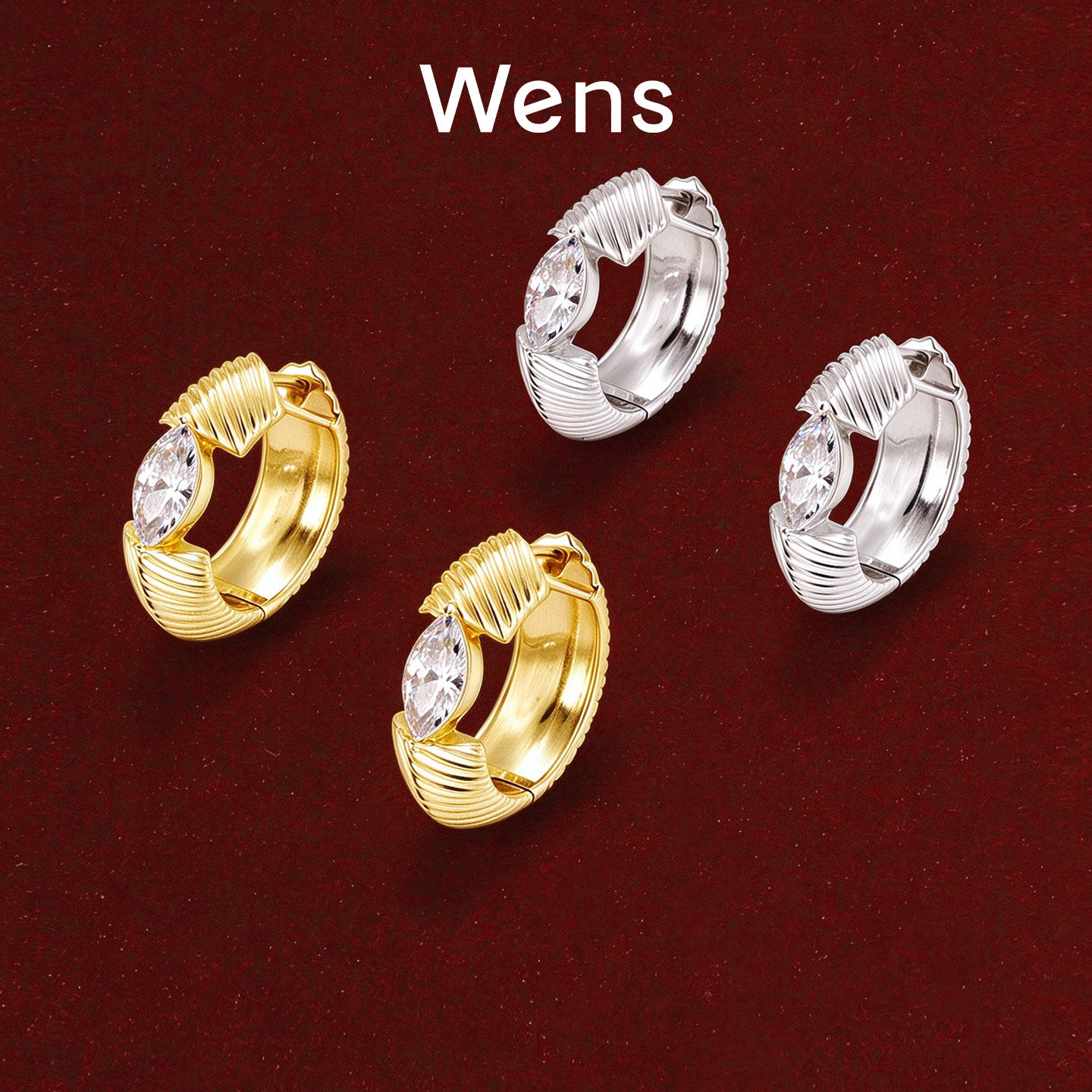 Wens序光棱纹马眼锆石耳扣女原创设计师款轻奢百搭高级感银色耳环