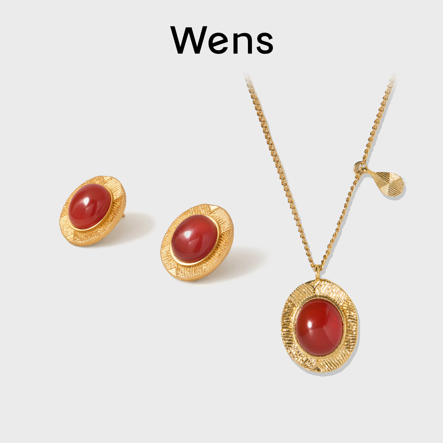 Wens【明星同款】红玛瑙虎眼石耳环项链女复古高级中式红色耳饰