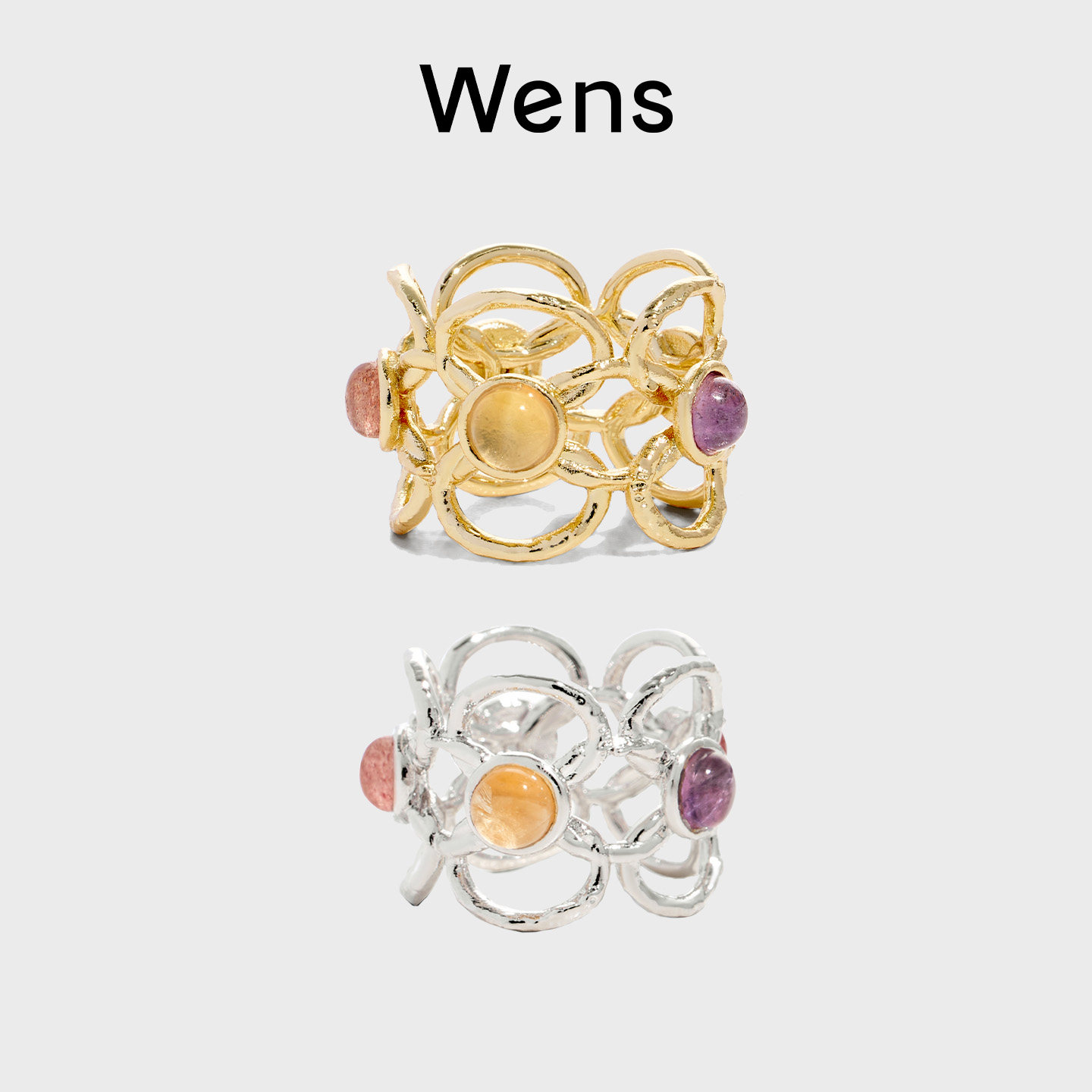 Wens【明星同款】花神系列镂空花朵镶石戒指耳饰女金银双色送女友