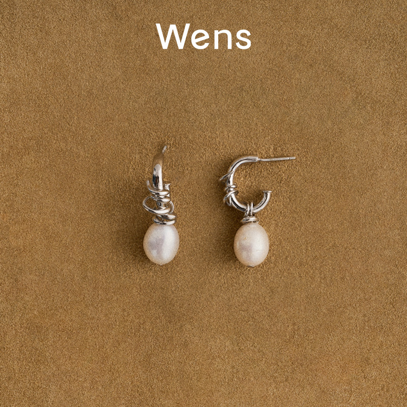 Wens天然巴洛克珍珠圈圈耳环女小众设计镀金气质百搭耳饰