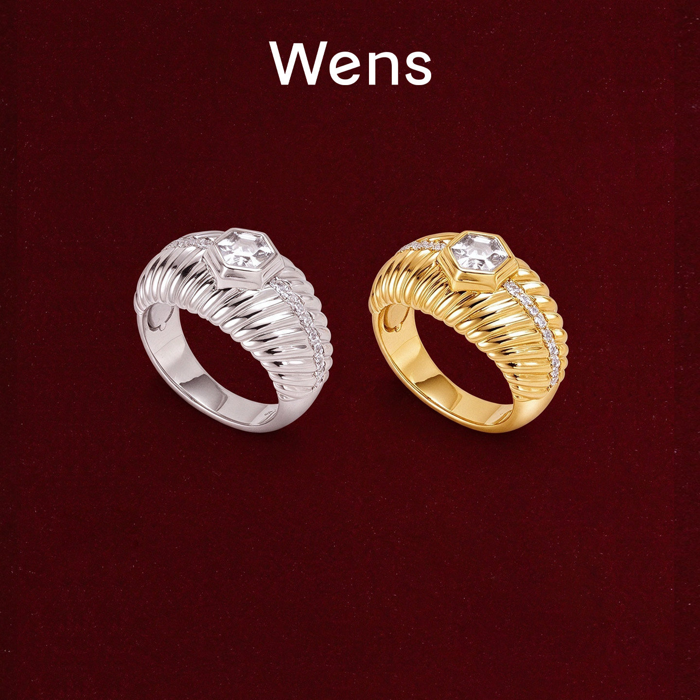 Wens序光复古棱纹六方锆石宽版戒指女原创设计师银色时尚百搭高级