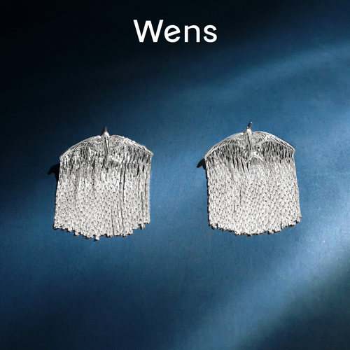 新中式飞鸟流苏派对短耳环女银色