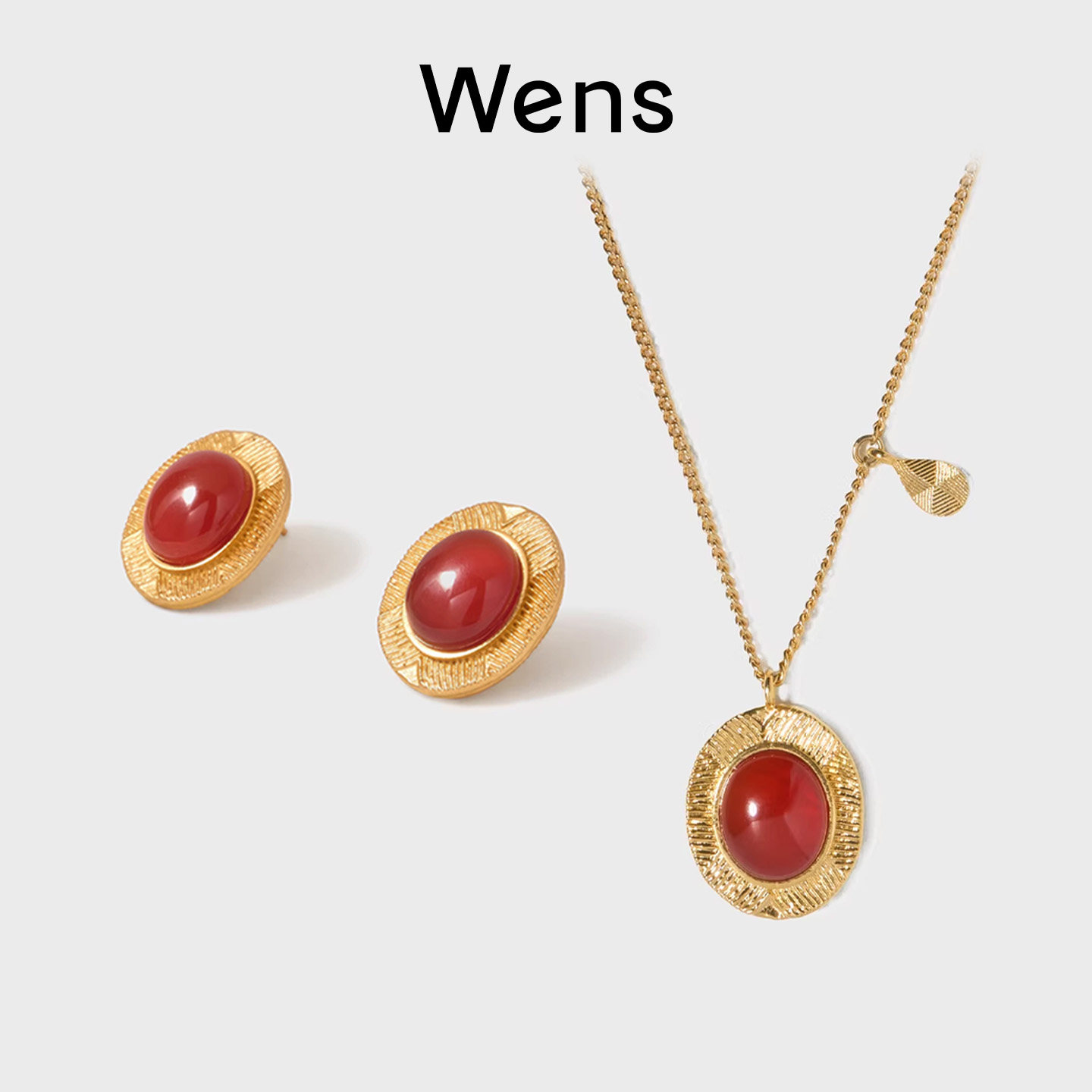 Wens【明星同款】部落图腾红玛瑙虎眼石耳环项链女金银双色送女友