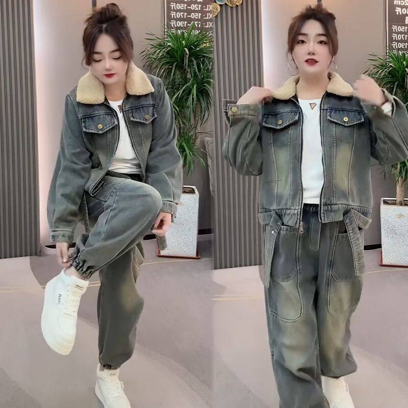 2024秋冬季羊羔毛牛仔套装女加绒加厚宽松大码网红显瘦时尚两件套