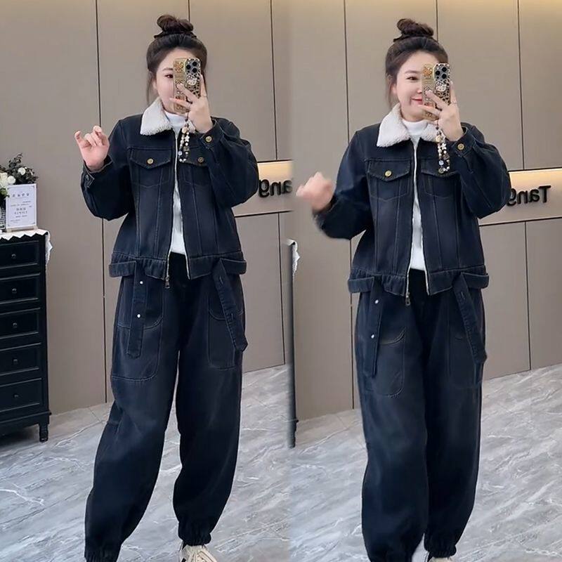 2024新款牛仔大码套装女秋冬季加绒加厚时尚韩版宽松洋气两件套潮