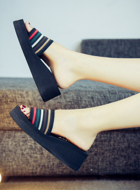 2019新款拖鞋女时尚外穿坡跟厚底一字拖女夏海边度假防滑EVA沙滩