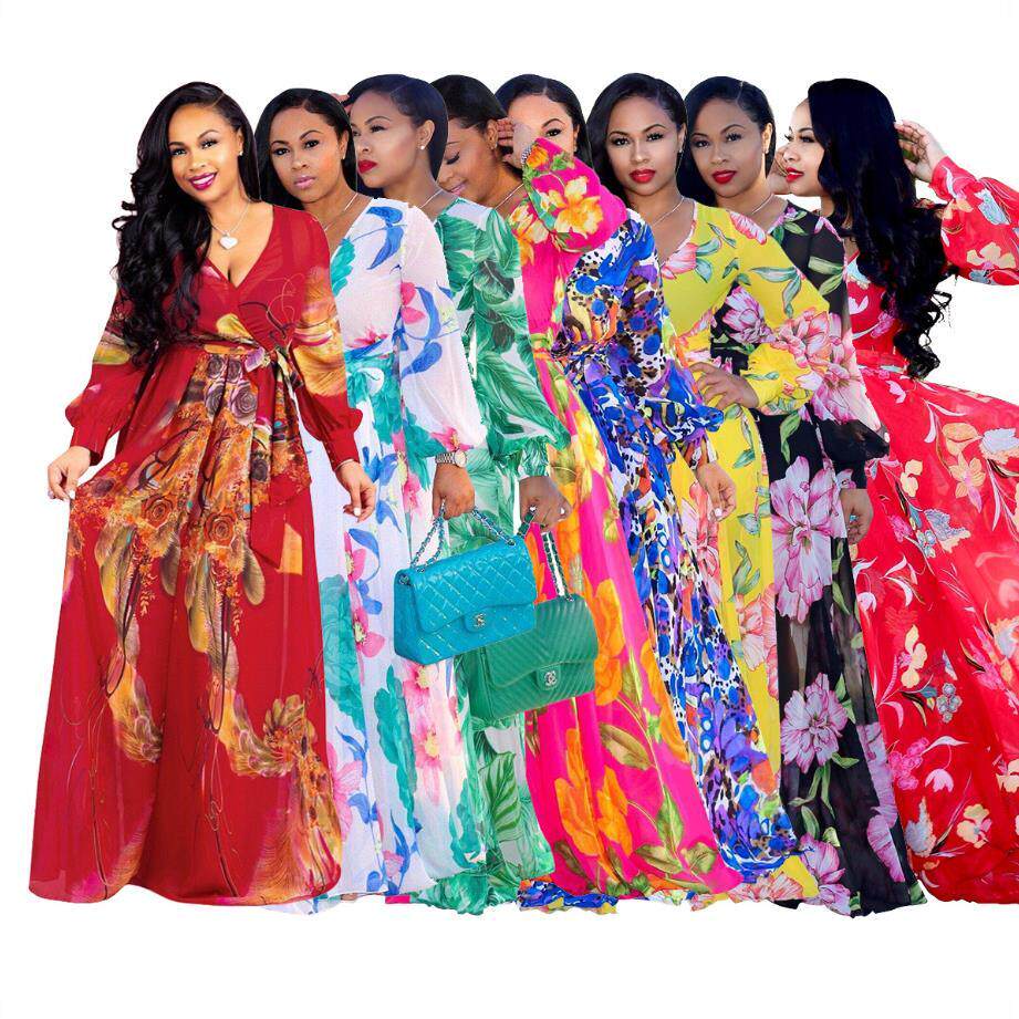 时尚印花雪纺性感V领连衣裙Summer Print Ciffon Dress for Lady