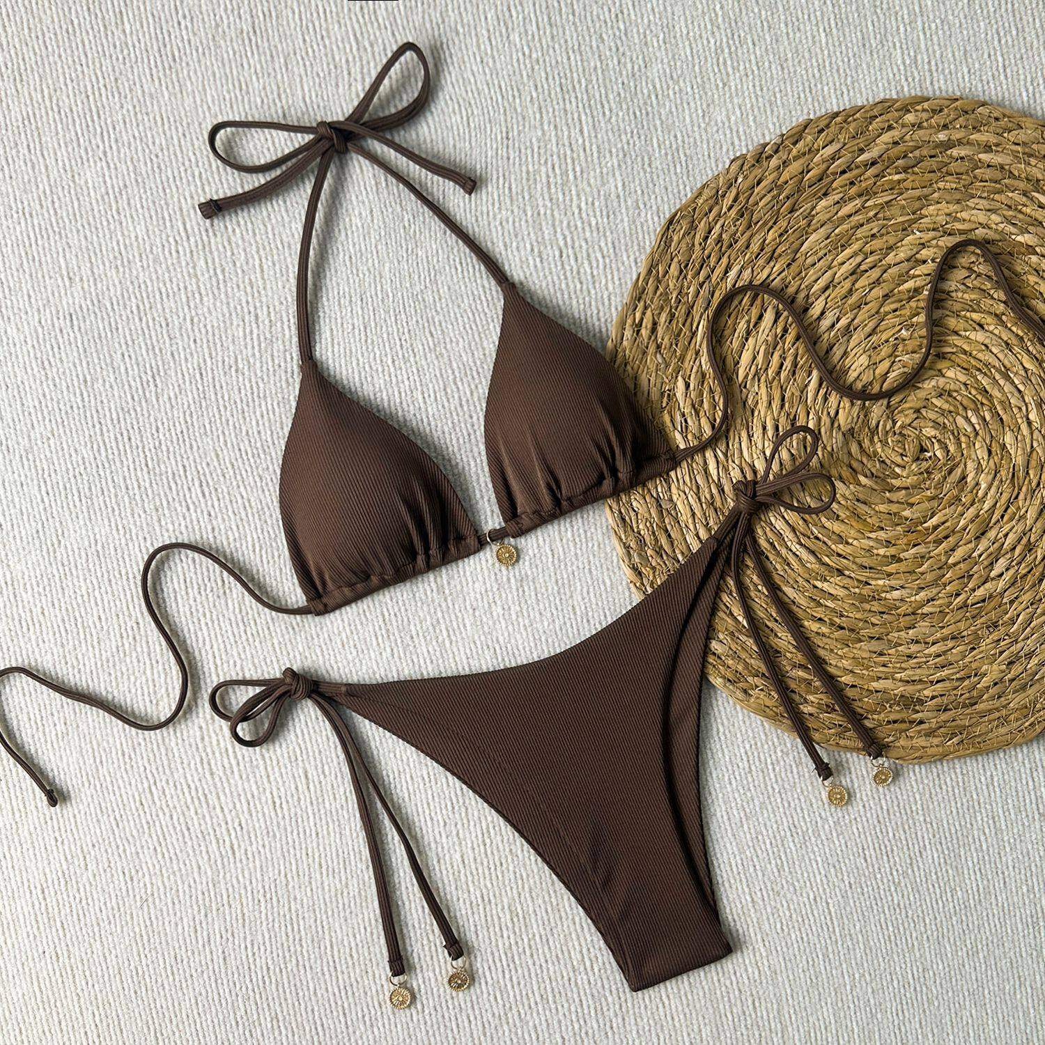 纯色可调节三点式比基尼绝美大胸小胸分体泳衣沙滩拍照泳装bikini