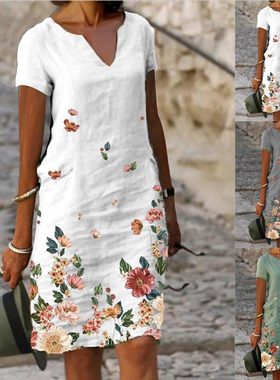 Printed Short Sleeves Mid Length Plus Size Pullover Dress