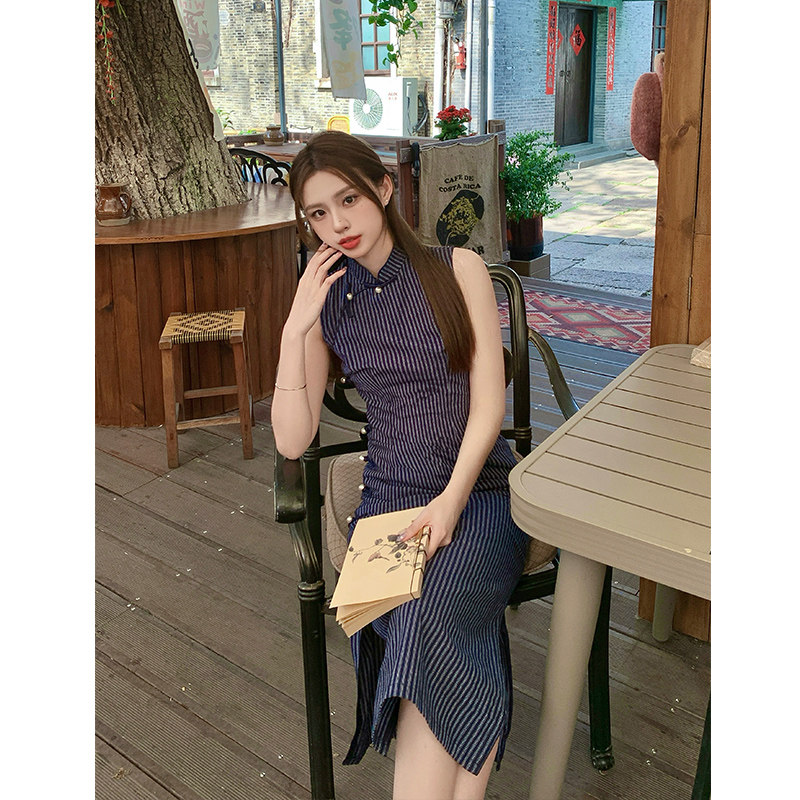 故双栖【梦醒时分】中式条纹气质无袖旗袍女小个子文艺连衣裙夏季