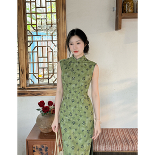 绿色气质半开襟旗袍女改良年轻款 故双栖 无袖 新中式 日常 椿日叙