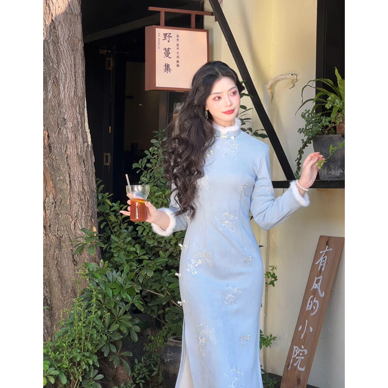 故双栖新中式气质长袖连衣旗袍