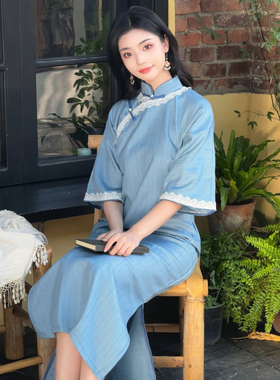 故双栖【晚来秋】新中式古法蓝色旗袍小个子日常气质2024新款秋冬