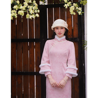 故双栖粉色新中式长袖旗袍女冬装