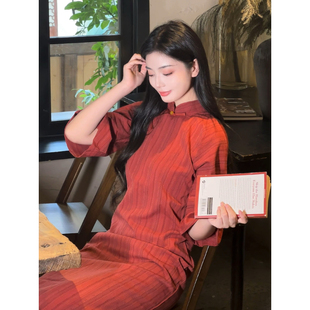 故双栖【晚风心里吹】古法全开襟红色旗袍秋冬绝美年轻款日常可穿