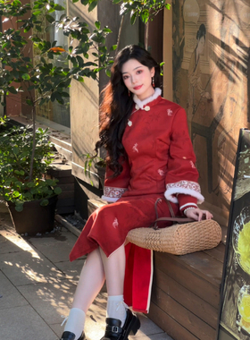 故双栖【韶华】新中式改良红色订婚长袖旗袍女小个子秋冬加绒加厚